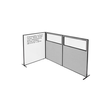 Global Equipment Interion 3-Panel Corner Room Divider with Whiteboard Partial Window, 48-1/4"W x 60"H, Gray 695185GY